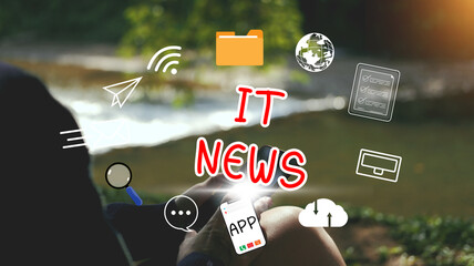 IT news concept. hand holding smartphone using to watch around the globe news and daily updates on...