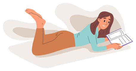 Obraz premium Flat reading girl, literature lover with book in hands. Female character reading book in comfy position isolated flat vector illustration on white background