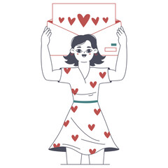Happy woman sending love message. Romantic cheerful girl in love flat vector illustration on white background. Love, valentines day scene