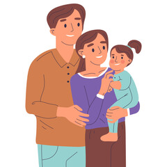 Happy young family, mom and dad carrying baby. Mother and father with toddler isolated flat cartoon vector illustration on white background