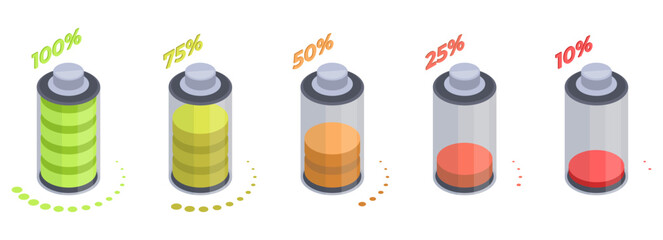 Isometric 3D battery charging stages. Accumulator charging process with colorful indicators 3d isolated flat vector illustration on white background