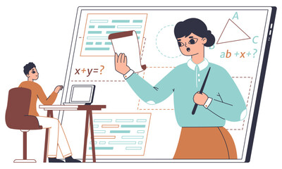 Online education, web math class, e-learning service. Teacher on gadget screen provide educational service, online school web platform app flat vector illustration on white background