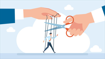 Freedom, independent, liberation, control concept. Businessman use scissors to cut controlled strings puppet, giving it freedom. Free from manipulation. Puppet. Human manipulation. Vector illustration