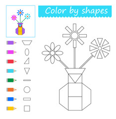 Coloring pages. Color by shapes. Cartoon flower vase vector. Illustration for children education. Flat design