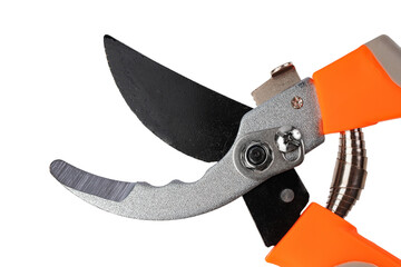 garden metal pruner with plastic orange handles, insulated on a transparent background