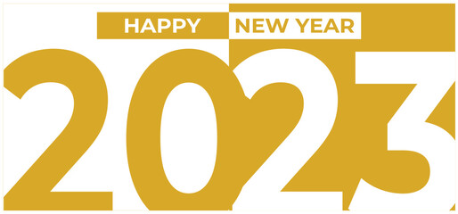 HAPPY NEW YEAR 2023 in rectangular canvas. Isolated in black background and golden font. Celebration poster, banner template design. Editable Vector illustration in EPS10