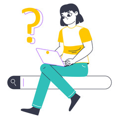 Woman use searching bar, web searching concept. Girl surfing internet, browsing info with search bar isolated flat vector illustration on white background