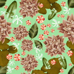 Colourful Seamless Pattern with tropic flowers and leaves. Hi quality fashion design. Fresh and unique botanical background - 545689282