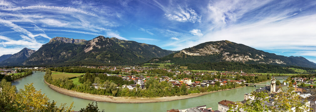 panoramic view of the city of Rattenberg with a loop of the river Inn, Europe Austria