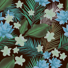 Colourful Seamless Pattern with tropic flowers and leaves. Seamless tropical flower, plant and leaf pattern background. Hawaii jungle flowers.... - 545689481