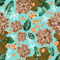 Colourful Seamless Pattern with tropic flowers and leaves. Hi quality fashion design. Fresh and unique botanical background - 545689648