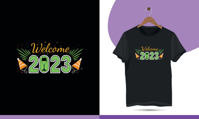 Welcome 2023. Funny happy new year vector design template.