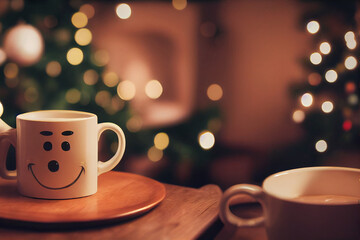 happy cute smiling  mug of hot cocoa, sitting at table at christmas holiday time, warm lighting