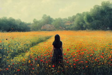Fototapeta premium silhouette of girl in flower field. Modern digital illustration.