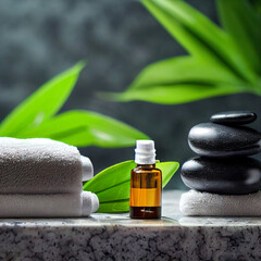 spa beauty treatment relaxing items on granite table with essential oils leaves and meditation stones