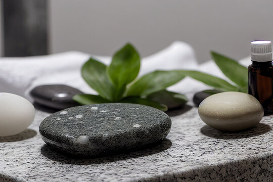 spa beauty treatment relaxing items on granite table with essential oils leaves and meditation stones