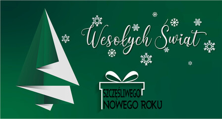 kartka lub baner z życzeniami Wesołych Świąt i szczęśliwego Nowego Roku w kolorze białym na zielonym tle z prezentem płatków śniegu i zielono-białej jodły