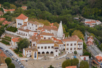 View of part of the town of Sintra and the National Palace in Portugal from the Moorish fortress which overlooks the town.
