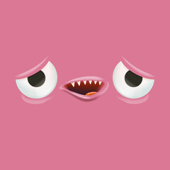 Vector funny pink monster face with open mouth with fangs and eyes isolated on pink background. Halloween cute and funky monster design template for poster, banner and tee print