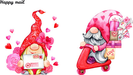 Watercolor cute valentines  gnome. Cartoon love, happy mail  character illustration. Valentine's day greeting, card, invitation, flyer