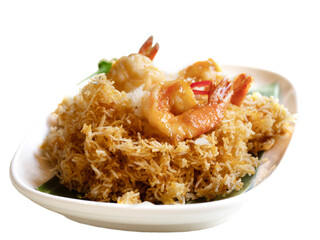 Delicious Mee Krob. Shrimp, crispy Thai rice noodles and sweet and sour sauce on white background and clipping paths. Selective focus.