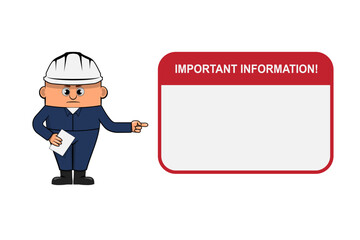 Important information frame design of the icon with the pointing finger of the cartoon worker