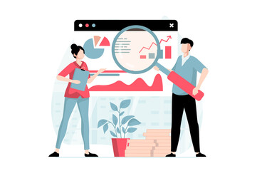 Data science concept with people scene in flat design. Woman and man making research of statistics and analyzes datum at screen for presentation. Illustration with character situation for web