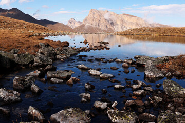 A mountain lake far from civilization. The tranquility and tranquility of nature. Traveling in the wild