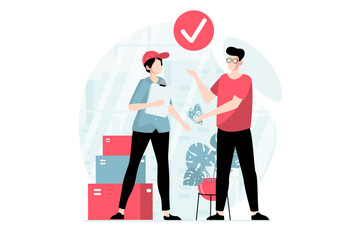 Delivery service concept with people scene in flat design. Man receives postal parcels in box at home and paying for courier service fast shipping. Illustration with character situation for web
