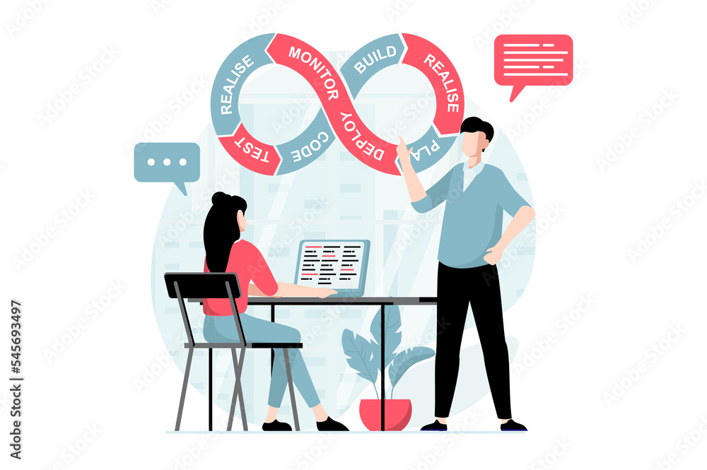Fototapete DevOps concept with people scene in flat design. Programmers team working at project, optimizing workflow, automate processes and monitoring. Illustration with character situation for web