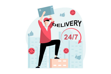 Delivery service concept with people scene in flat design. Man works as courier and carrying parcels to clients, fast and round-the-clock shipping. Illustration with character situation for web
