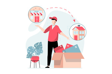 Delivery service concept with people scene in flat design. Man courier delivers goods ordered from online store and parcels to customer home. Illustration with character situation for web