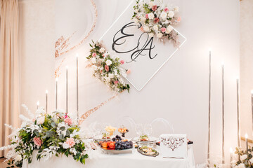 beautifully set table at a wedding banquet with delicious food and alcohol	
