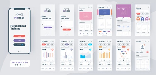 Fitness mobile app material design with different gui screens including sign create profile, workout and statistics features.
