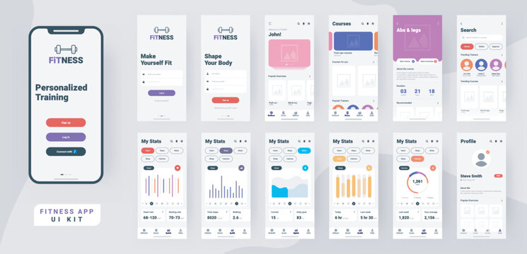 Fitness Mobile App Material Design With Different Gui Screens Including Sign Create Profile, Workout And Statistics Features.