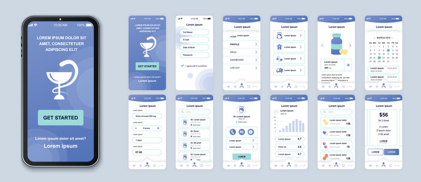 Medicine smartphone interface vector templates set. Healthcare and lifestyle mobile app. Web page design layout. Pack of UI, UX, GUI screens for application. Phone display. Web design kit