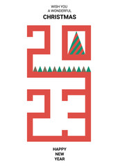 Merry Christmas and Happy New Year 2023 of greeting card, poster, holiday cover. Modern Christmas design with triangle first pattern in green, red, white colors. Christmas tree, decoration elements.