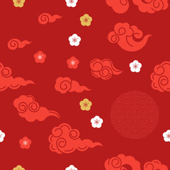 Oriental chinese or japanese seamless patterns. Traditional asian ornaments floral, geometric, with clouds, auspicious symbols. Vector illustration.