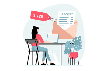 Electronic receipt concept with people scene in flat design. Woman making online shopping and receiving digital invoice, paying using credit card. Illustration with character situation for web