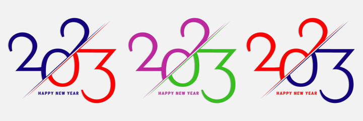 Set of logo design 2023 Happy New Year. Vector illustration 2023 number design template. Christmas decor 2023 Happy New Year symbols. Modern Xmas design for banner, social network, cover and calendar.
