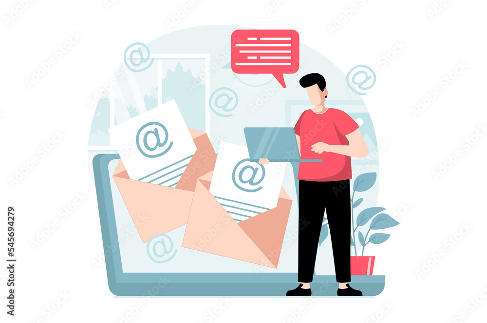 Poster Email service concept with people scene in flat design. Man receiving lot of letters from online contacts and answering using mail client app. Illustration with character situation for web