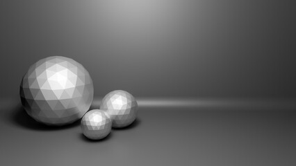 Group of silver metallic low poly polygonal balls or spheres in realistic 3D studio interior with copy space for text, rendering illustration