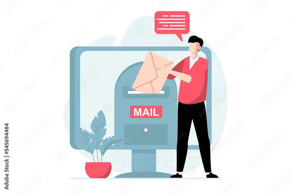 Aufkleber email service concept with people scene in flat design. man puts huge envelope in mailbox and sendin