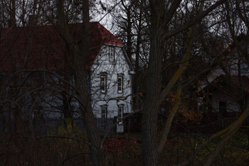 spooky halloween house,an old house with a red tiled roof, behind the branches of autumn trees.