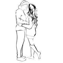 Cute couple kissing Black and white style Illustration on the white background 
