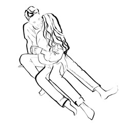 Cute couple kissing Black and white style Illustration on the white background 
