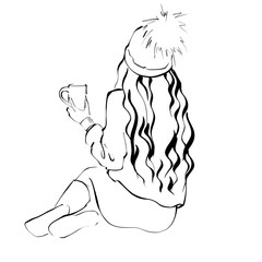 Girl in a sweater. Black and white illustration on white background. Back view
