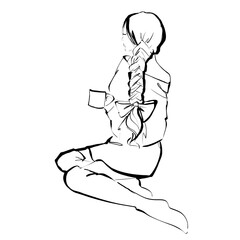 Girl in a sweater. Black and white illustration on white background. Back view

