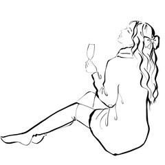 Girl in a sweater. Black and white illustration on white background. Back view
