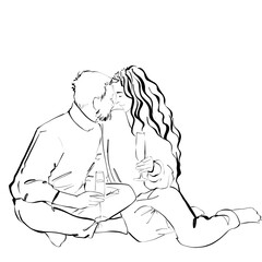 Cute couple kissing Black and white style Illustration on the white background 
